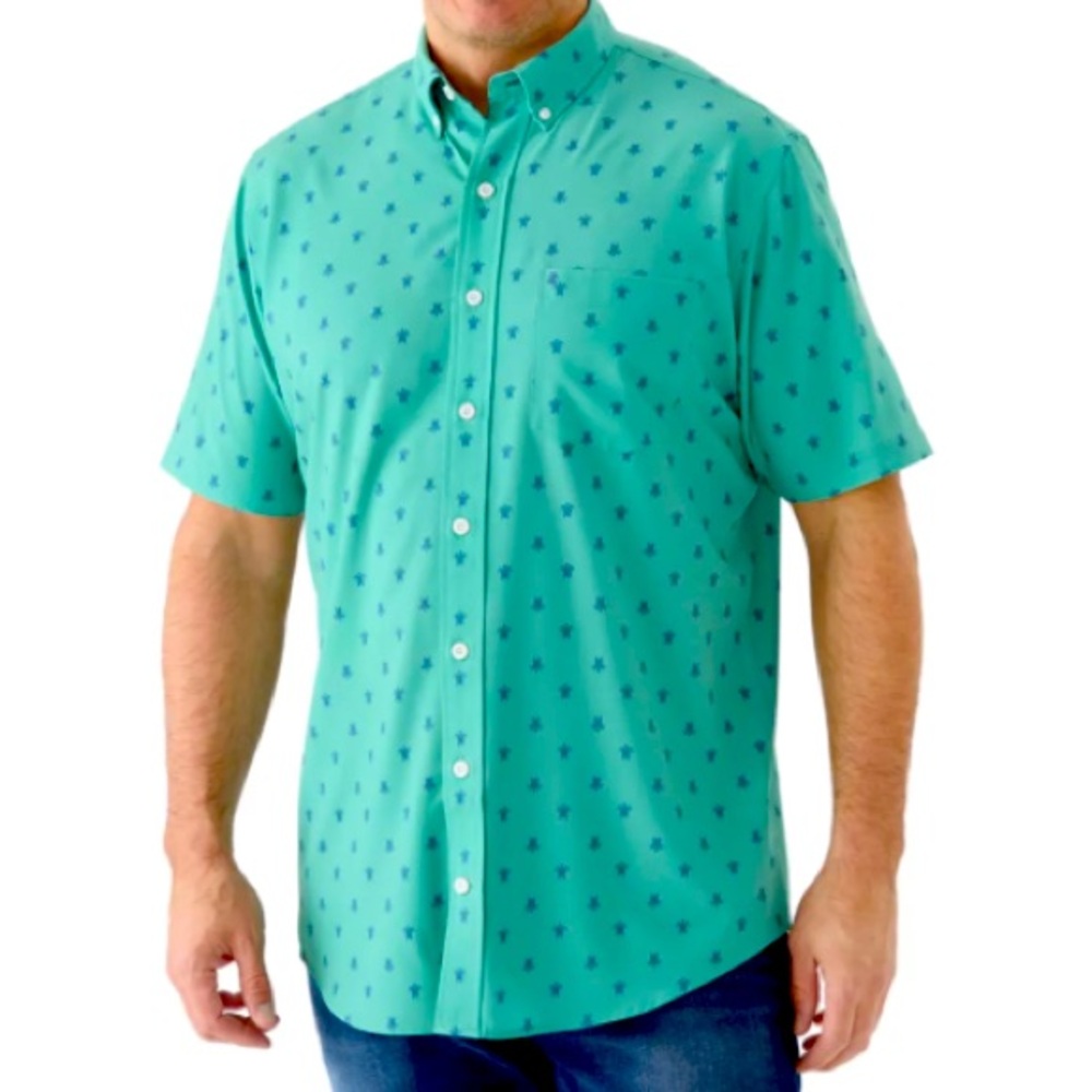 IZOD Short Sleeve Button Down Shirt XL Green Casual Weekend Novelty Print